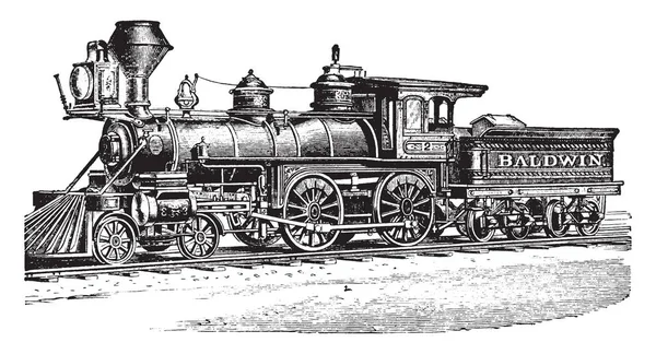 鲍德温发动机工程是美国铁路机车的建设者 复古线条画或雕刻插图 — 图库矢量图片