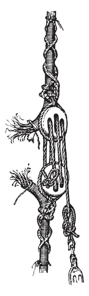 战斗塞子包括两个木滑轮和绳索绳 快速固定任何站立的索具射击行动 复古线条画或雕刻插图 — 图库矢量图片