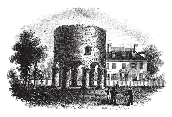 さもなくば 1851 実際に数世紀古い ビンテージの線描画や彫刻イラストの歴史的な住宅街ニューポート タワー — ストックベクタ