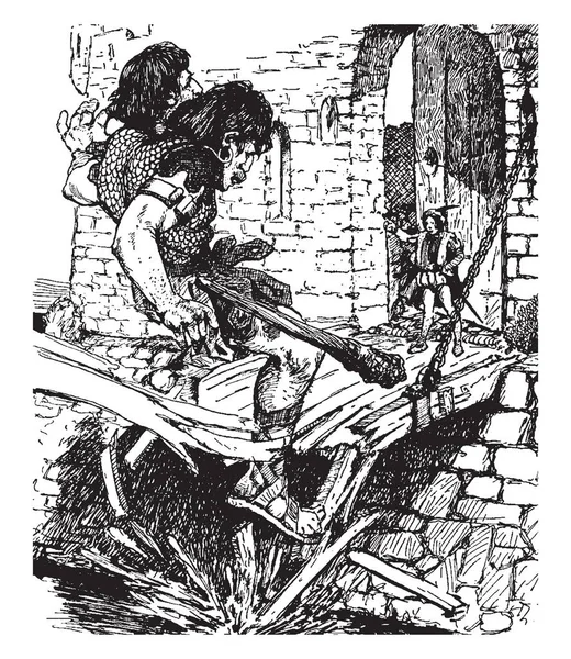 Jack dev katilin bu sahneyi iki dev adam ve küçük adam onların önünde ayakta gösterir, vintage hat çizim veya gravür illüstrasyon