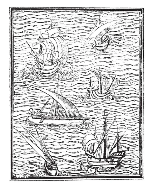 西班牙船只是一个在麦地那艺术 Navegar 复古线条画或雕刻插图削减的 Fac — 图库矢量图片