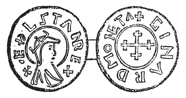 非常に長い期間 ビンテージの線描画や彫刻イラストの存在にされている必要があります Aethelstan のコイン — ストックベクタ