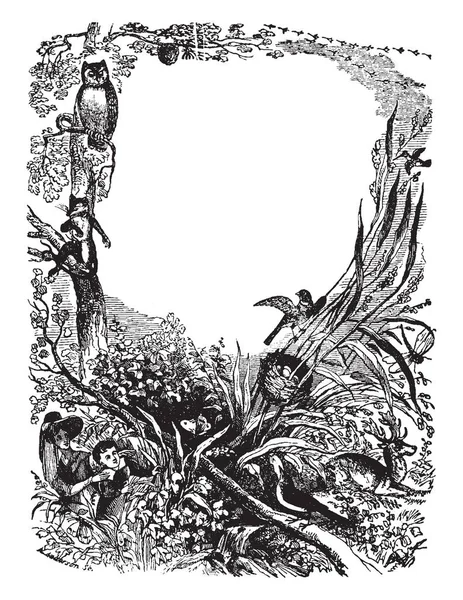 Граница Животных Женщиной Мальчиком Этом Дизайне Рисунок Винтажной Линии Гравировка — стоковый вектор