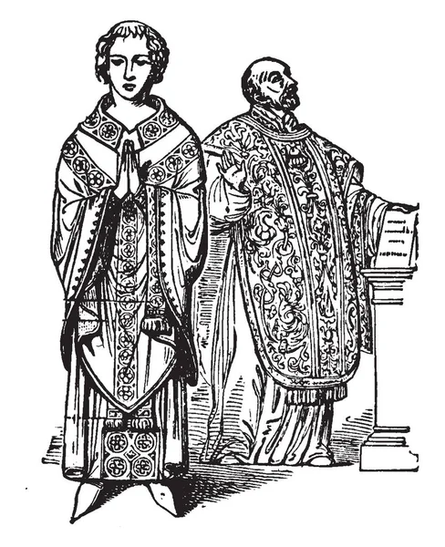 Chasuble Have Two Priests Wearing Garment Vintage Line Drawing Engraving — Stock Vector