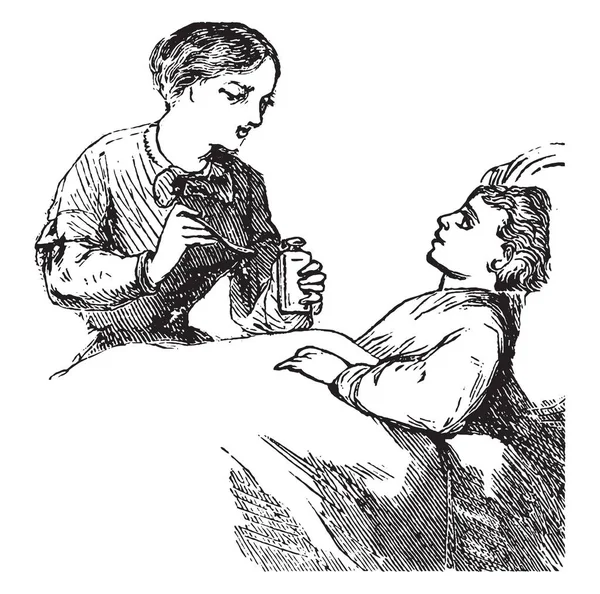 Kvinna Utfodring Medicin Till Pojke Säng Vintage Linje Ritning Eller — Stock vektor