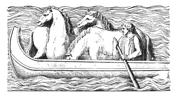 Horses on a boat, vintage engraved illustration