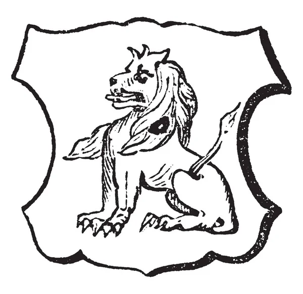 Lion Sejant Французское Слово Обозначающее Сидение Рисунок Винтажной Линии Гравировку — стоковый вектор