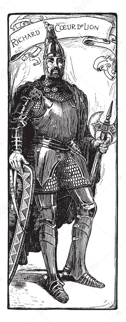Richard Coeur De Lion, this picture shows full armor with battle axe in hand, vintage line drawing or engraving illustration