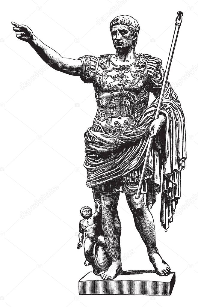 Sculpture of Augustus is common to call him Octavius when referring to events, vintage line drawing or engraving illustration.