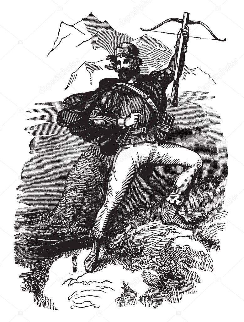 William Tell from Burglen was known as an expert marksman with the crossbow, vintage line drawing or engraving illustration