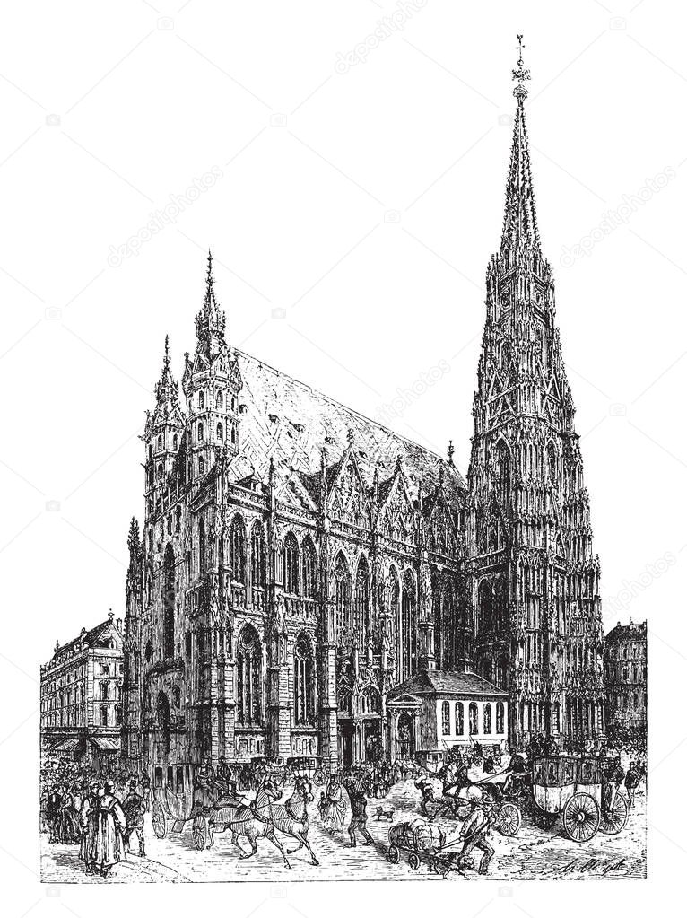 St Stephen Cathedral in Vienna which is construction lasted 65 years from 1368 to 1433, vintage line drawing or engraving illustration.