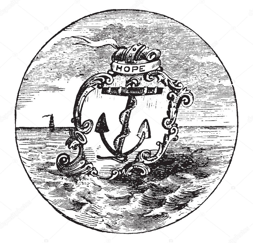 The official seal of the U.S. state of Rhode Island in 1889, this circle shape seal has shield with boat anchor, HOPE is written on top of shield, it also has sea and ship in background, vintage line drawing or engraving illustration 