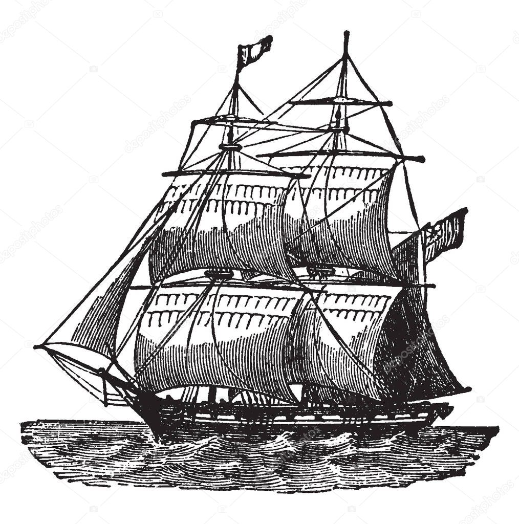 Brig is a sailing vessel with two square rigged masts, vintage line drawing or engraving illustration.