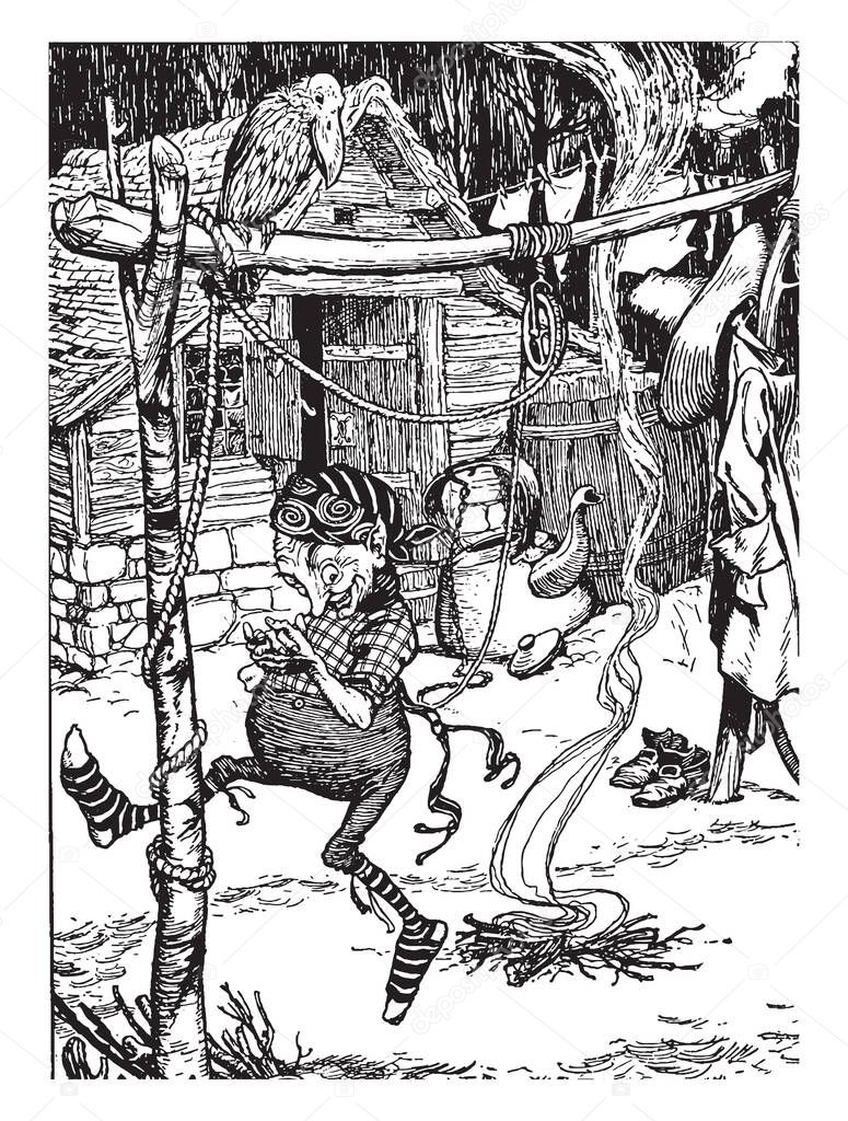 Rum-Pel-Stilt-Skin is around the fires and sings which is collected by the brothers and shuts in a tower room filled with straw, vintage line drawing or engraving illustration.