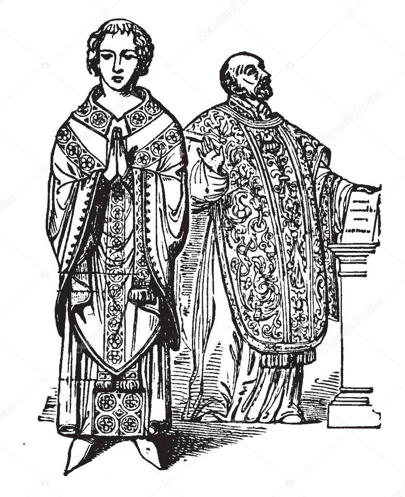 Chasuble have Two priests wearing the garment, vintage line drawing or engraving illustration.