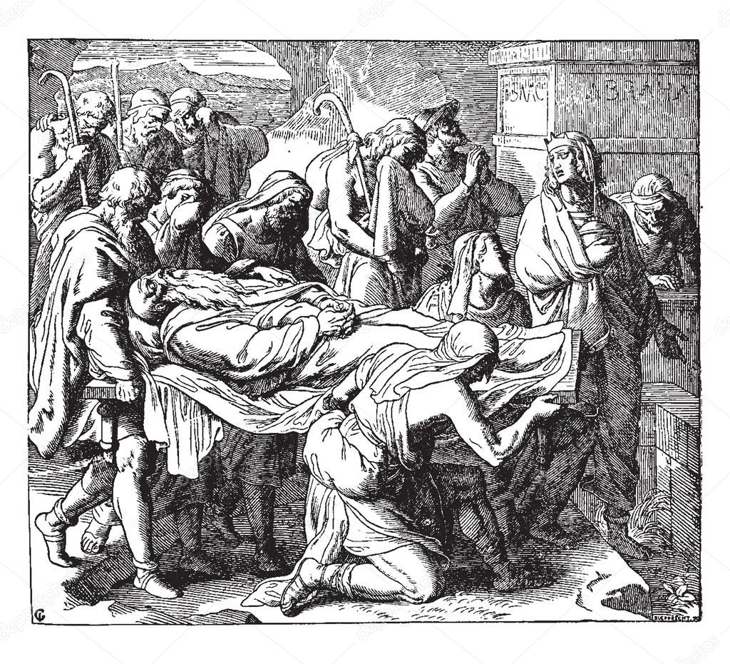 The Sons of Jacob Burying Their Father, this scene shows group of men carrying dead body of man to bury him, vintage line drawing or engraving illustration