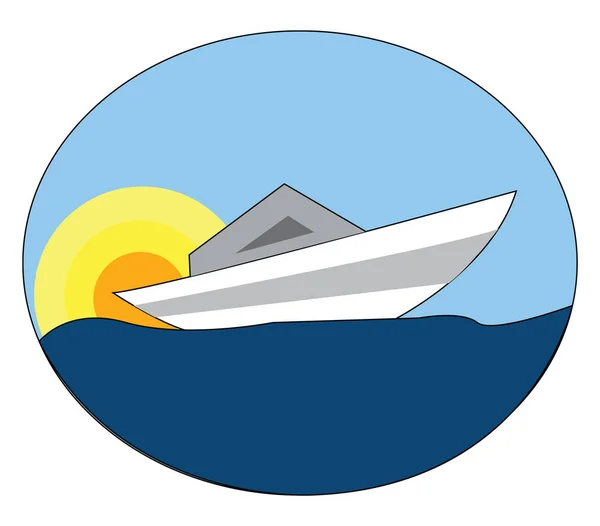 Bílá loď na modré vodě se žlutým a oranžovým sluncem v BAC — Stockový vektor