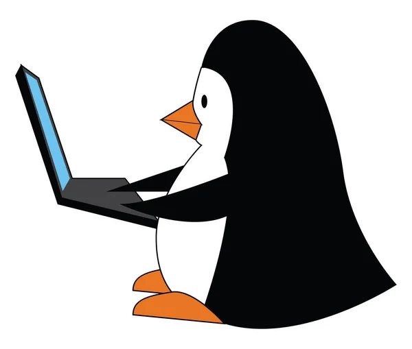 Czarno-biały Penguine z laptopa wektor ilustracji na wh — Wektor stockowy