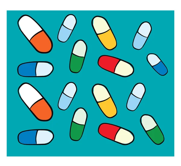 Textura de pílulas coloridas no fundo azul e quadro branco ve —  Vetores de Stock