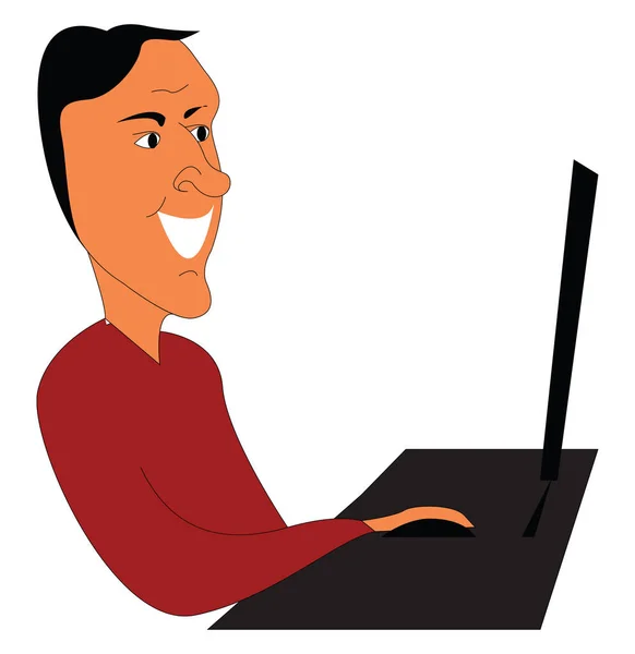 一个穿红色衬衫的人在笔记本电脑矢量上工作的漫画 — 图库矢量图片
