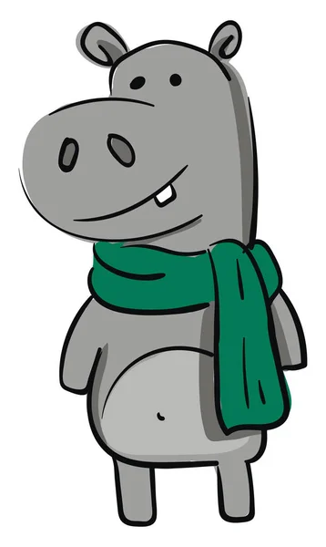 Hipopótamo gris sonriente con ilustración vectorial de bufanda verde en blanco — Vector de stock