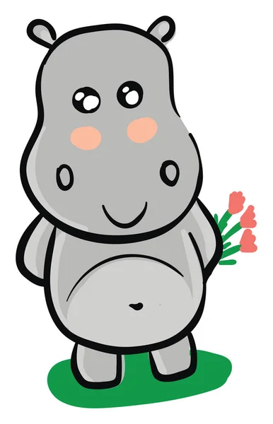 Hipopótamo gris sonriente con flores rosas vector ilustración en whit — Archivo Imágenes Vectoriales
