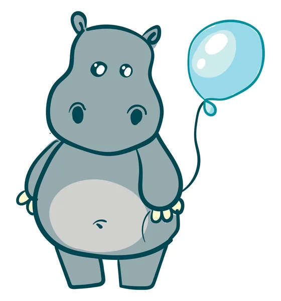 Hipopótamo cinzento bonito com a ilustração azul do vetor do balão em b branco — Vetor de Stock