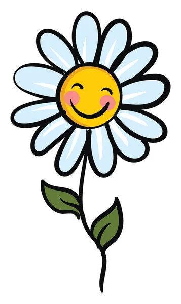 Smiling chamomile flower with green leaves vector illustration o — Stock Vector