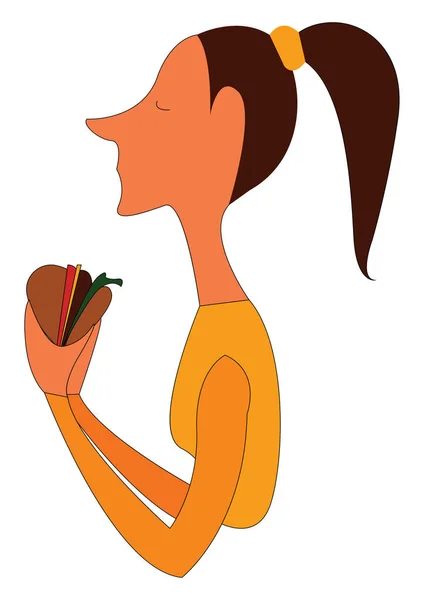 Retrato de una chica con cola de caballo sosteniendo un vector de hamburguesa illustr — Vector de stock
