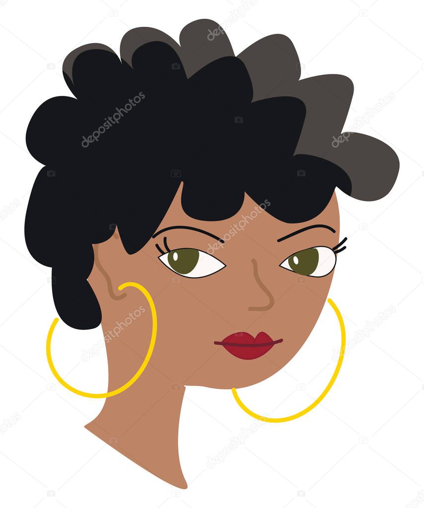 Portrait of a girl with dark curly hair and golden earrings vect