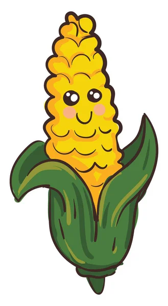 Vector illustration of a cute smiling yellow corn with green lea — Stock Vector