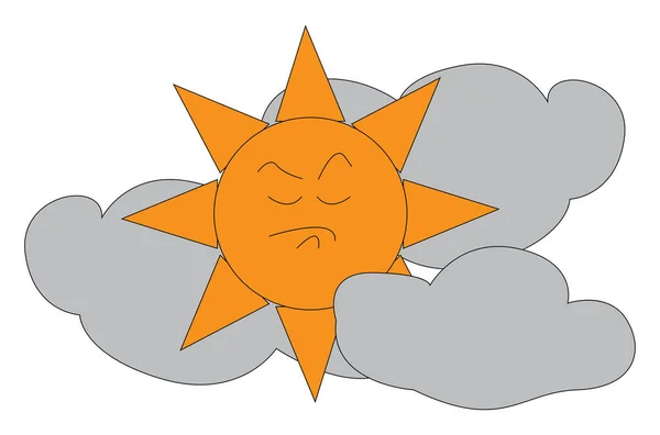 Angry sun in between clouds illustration print vector on white b — Stock Vector