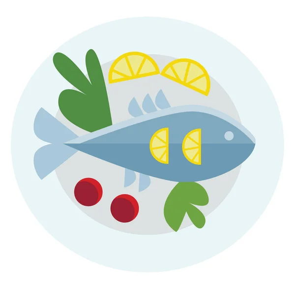Харчова тарілка з цільною рибою та овочами вектор або колір ігу — стоковий вектор