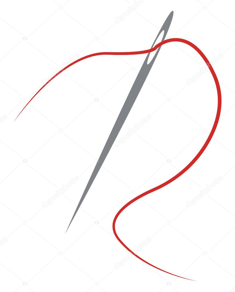 A red thread passing from needle vector or color illustration