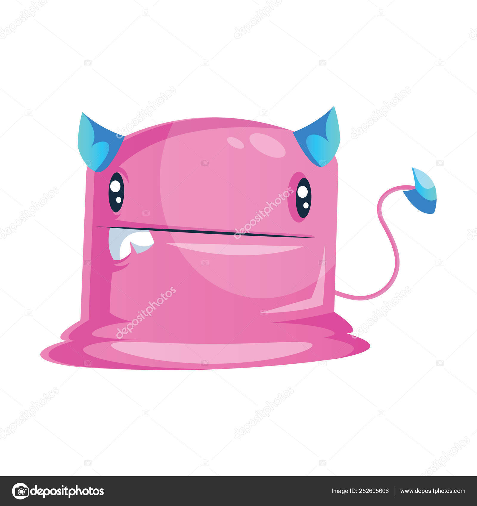 Pink cartoon monster with blue horns and tail vector illustratio Stock