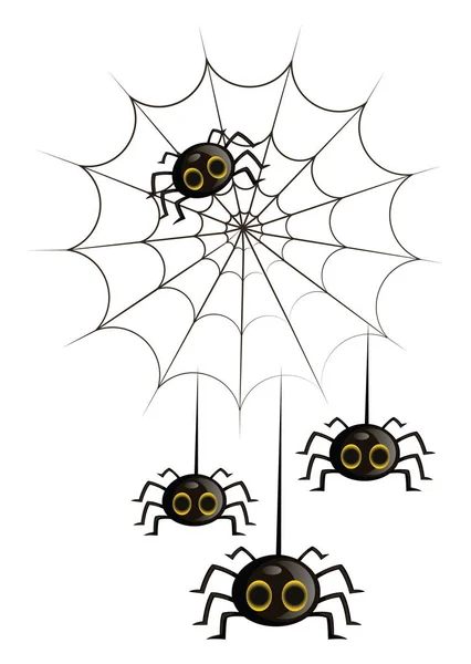 Quattro ragni neri simpatici cartoni animati in una ragnatela vettore illustrati — Vettoriale Stock