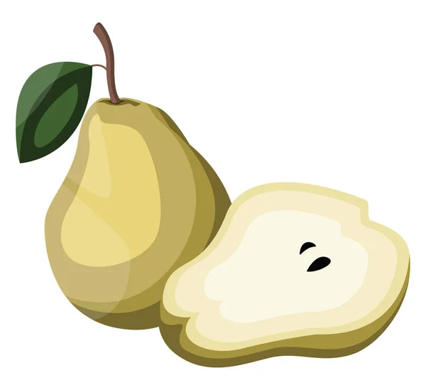 Karikatur einer gelben Birne Frucht mit grünem Blatt eine halbe Birne mit — Stockvektor