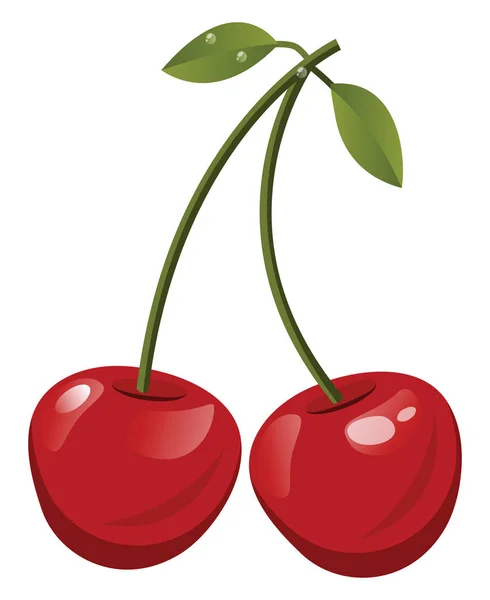 Rode kersen met groene bladeren cartoon fruit vector illustratie — Stockvector