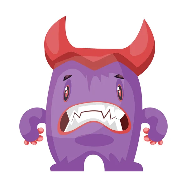 Monstre violet effrayé avec de grandes cornes rouges fond blanc vecteur — Image vectorielle