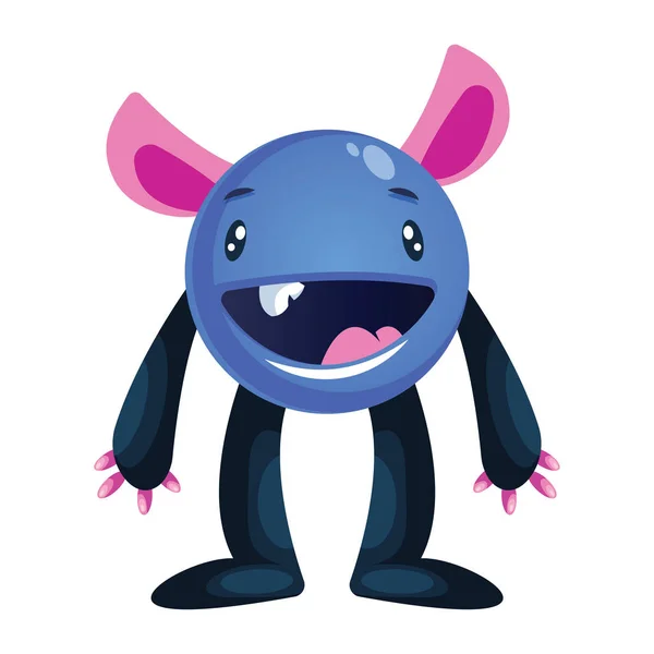 Happy Blue cartoon monster met grote armen en benen en roze oren — Stockvector