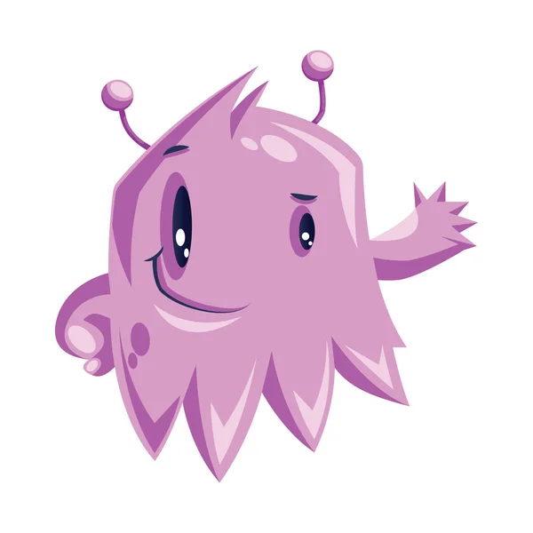 Purple cartoon monstro acenando fundo branco vetor illustrato —  Vetores de Stock