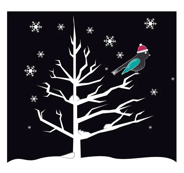 Pájaro durante un vector nocturno nevado o ilustración en color — Archivo Imágenes Vectoriales