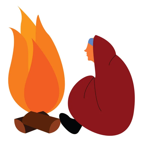 A man sitting next to a bonfire, vector color illustration. — Stock Vector