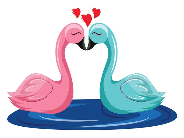 Rosa und blauer Schwan küsst sich im Wasservektor Illustration auf w — Stockvektor
