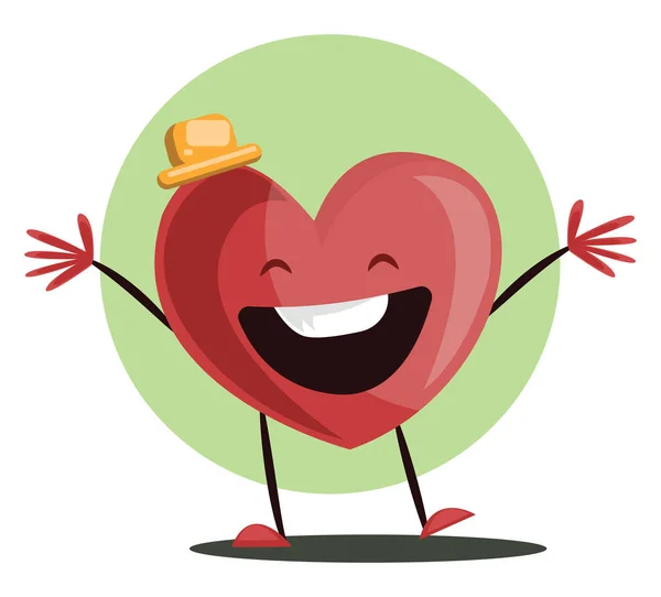Stort rött hjärta med en gul hatt som skrattar med armarna vidöppna inferioritet — Stock vektor