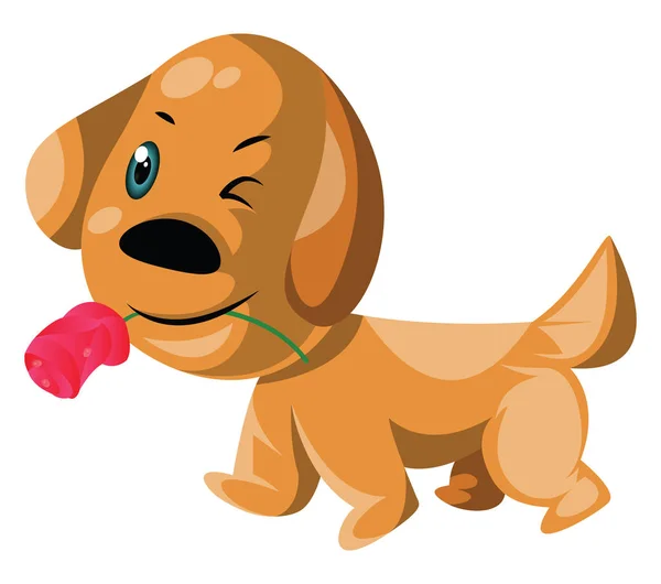 Cão marrom claro segurando uma rosa rosa em sua boca vetor illustra — Vetor de Stock