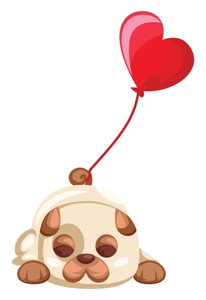 Brown and white puppy laying with a big red balloon tied on his — Stock Vector