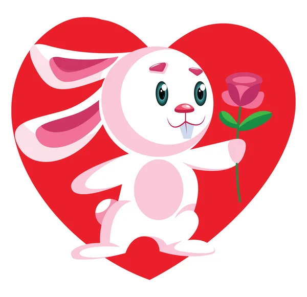 Pink bunny holding a dark pink rose vector illustration in red h — Stock Vector