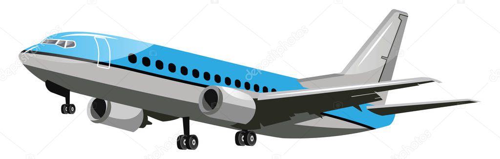 Blue and grey vector illustration of an airplane white backgroun