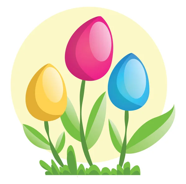 Yellow pink and blue Easter eggs on flower stems illustration we — Stock Vector